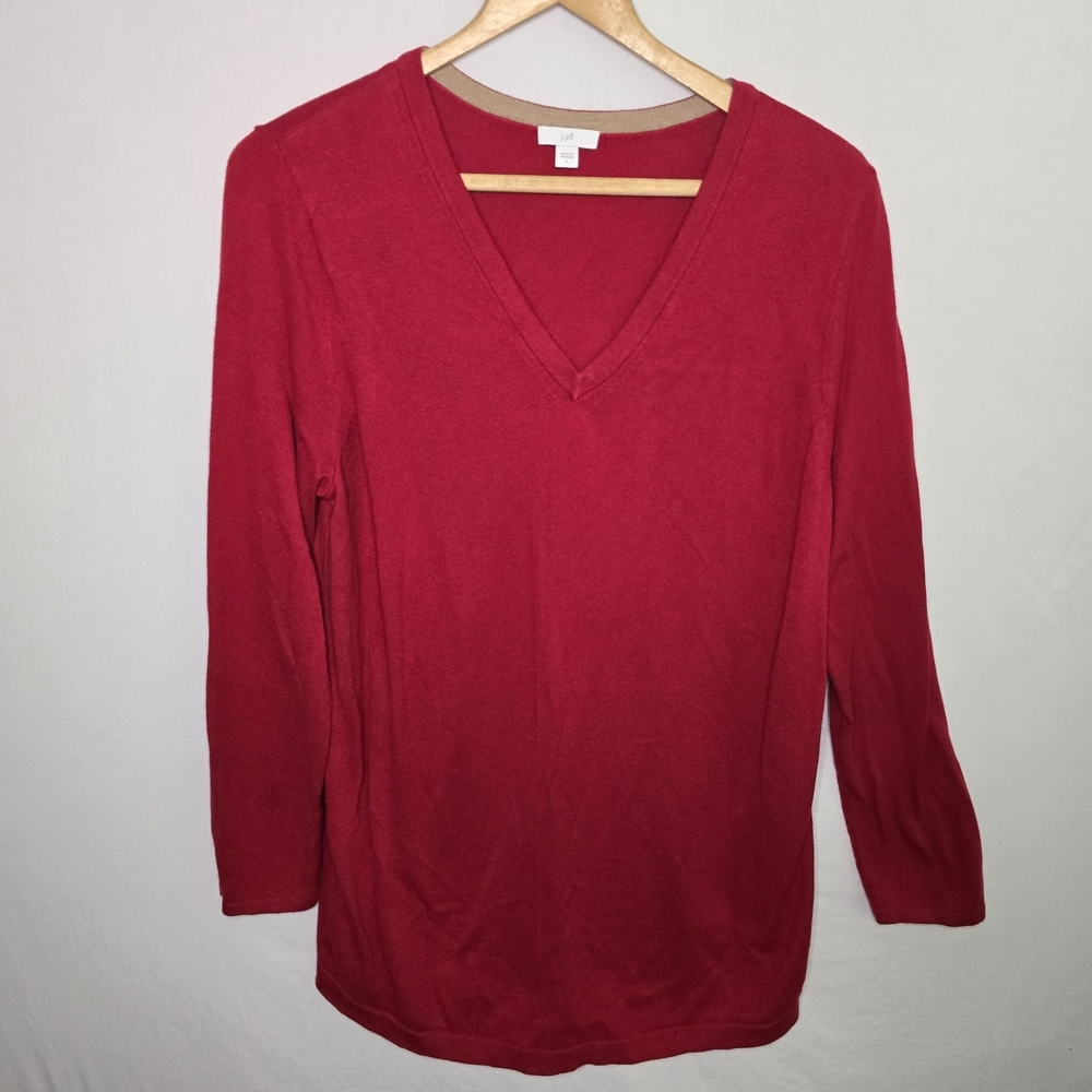 J Jill Women’s Red V-Neck Pullover Sweater Size Large Soft Knit Long Sleeve